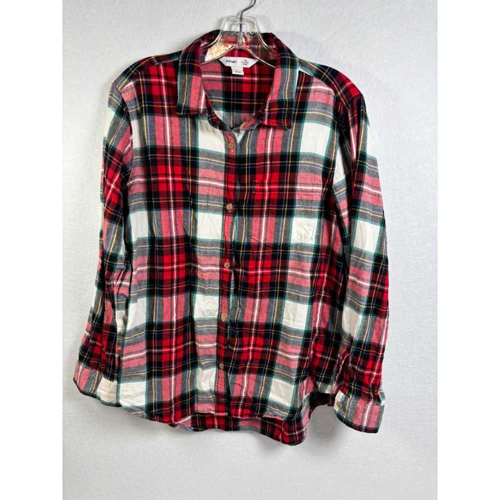 Old Navy Plaid Button Down Shirt Women L Red Cotton Flannel Classic Holiday Boho